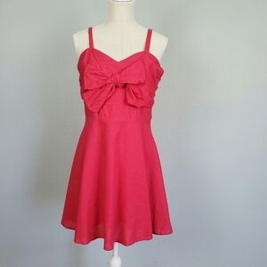 LOVERICHE Bow Accent Babydoll Dress Linen Blend Red Sz L Valentine's Day